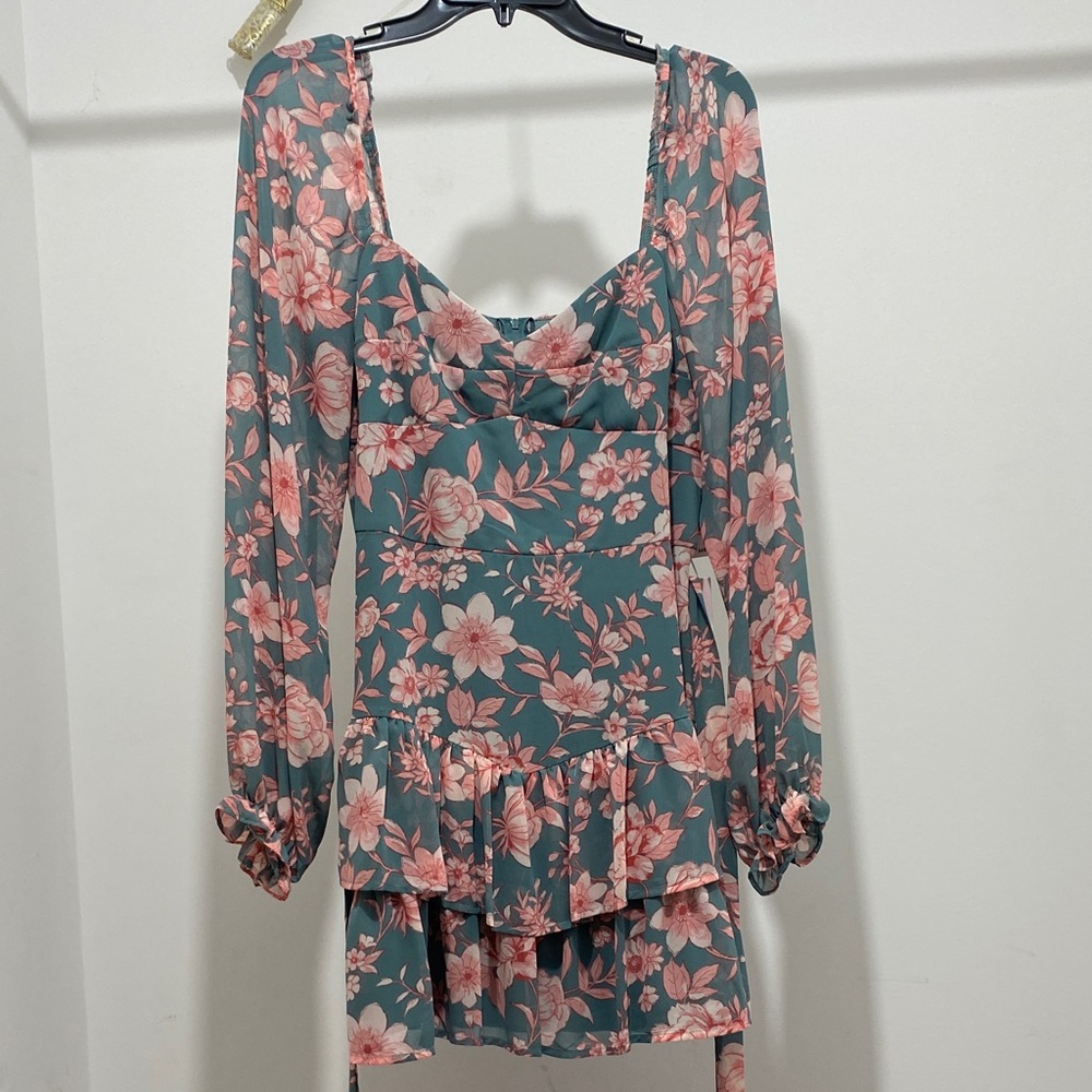 Crystal Doll Floral Long Sleeve Dress - Pink and Green
